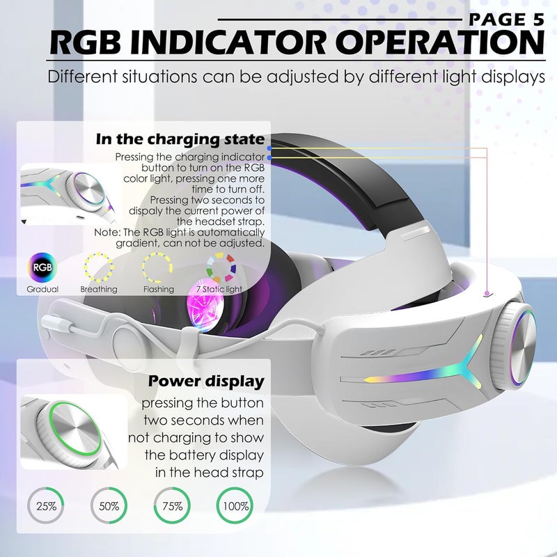 Orzero Upgraded 12000mah Battery Head Strap Compatible for Quest 3S, 9V 2A PD Fast Charging Extended Gaming Time with RGB Light Exclusively Designed Accessories for Quest 3s- White - Image 3